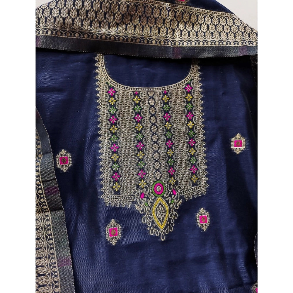 Generic Women's Banarasi Silk Printed Unstitched Salwar Suit Material With Dupatta (Navy Blue, 3Mtrs)