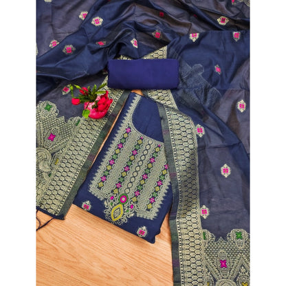 Generic Women's Banarasi Silk Printed Unstitched Salwar Suit Material With Dupatta (Navy Blue, 3Mtrs)