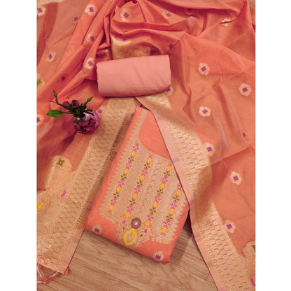 Generic Women's Banarasi Silk Printed Unstitched Salwar Suit Material With Dupatta (Peach, 3Mtrs)