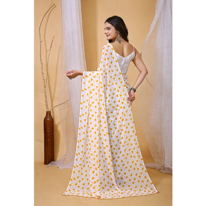 Generic Women's Georgette Printed Saree With Unstitched Blouse 5.5Mtr (White-Yellow)