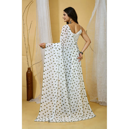 Generic Women's Georgette Printed Saree With Unstitched Blouse 5.5Mtr (White-Grey)