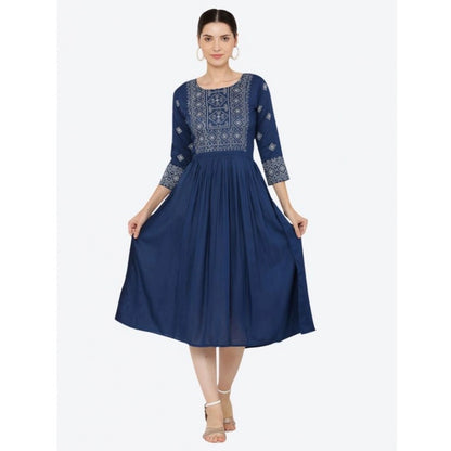Generic Women's Casual Rayon 3-4th Sleeves Kurti (Blue)