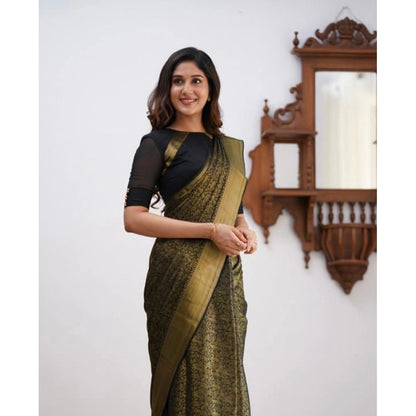 Generic Women's Soft Lichi Silk Printed Saree With Unstitched Blouse 5.5Mtr (Green)