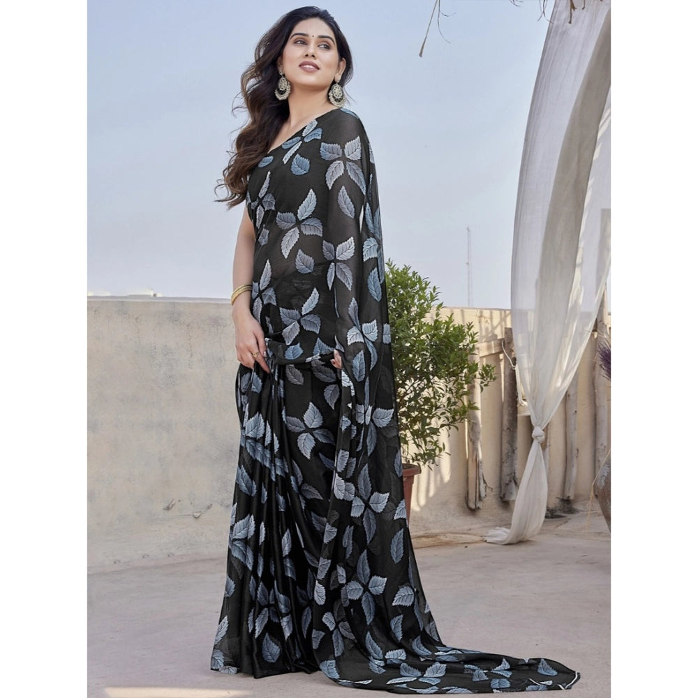 Generic Women's Chiffon Printed Saree With Unstitched Blouse 5.5Mtr (Black)