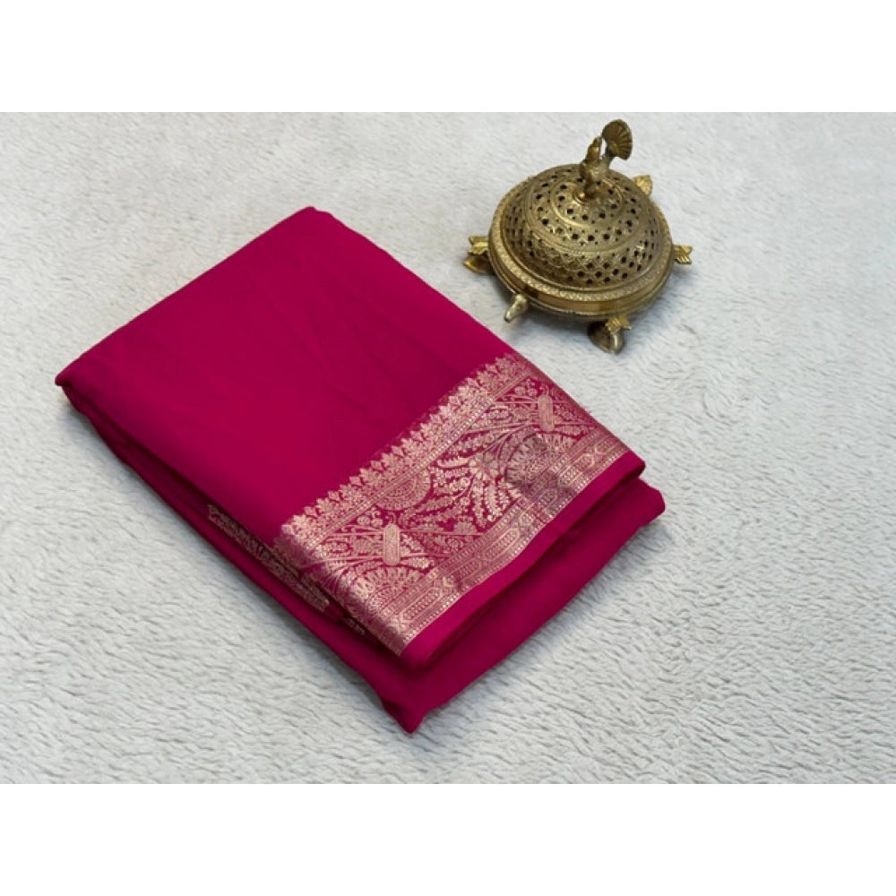 Generic Women's Crepe Chit Pallu Solid Saree With Unstitched Blouse 5.5Mtr (Pink)