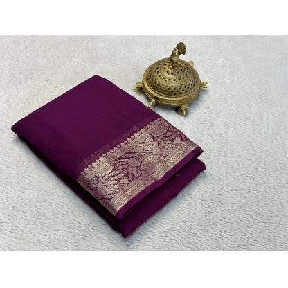 Generic Women's Crepe Chit Pallu Solid Saree With Unstitched Blouse 5.5Mtr (Purple)