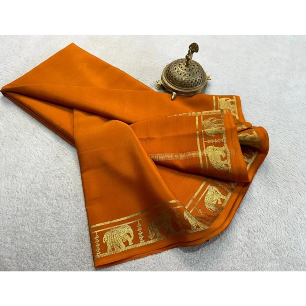 Generic Women's Crepe Chit Pallu Solid Saree With Unstitched Blouse 5.5Mtr (Orange)