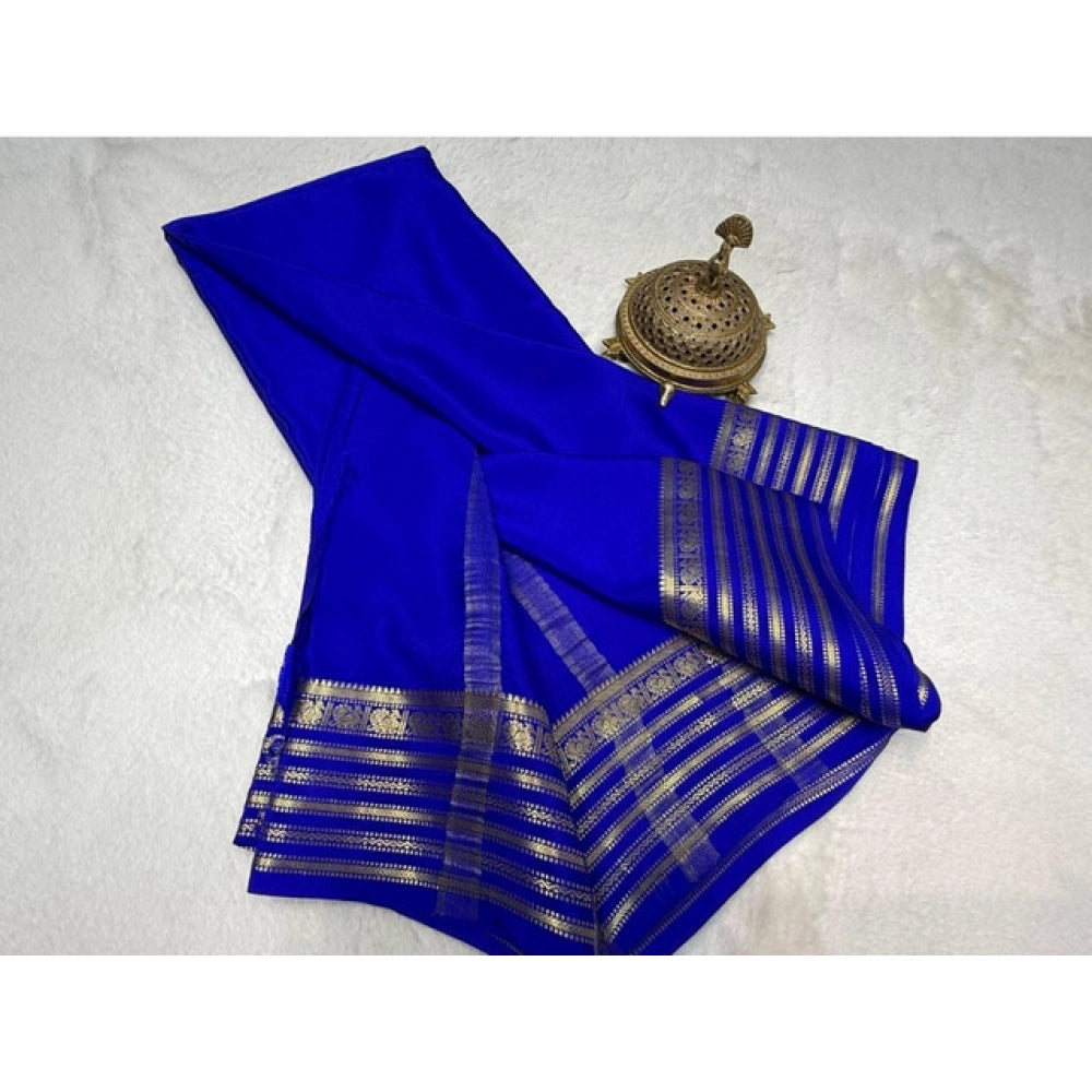 Generic Women's Crepe Chit Pallu Solid Saree With Unstitched Blouse 5.5Mtr (Blue)