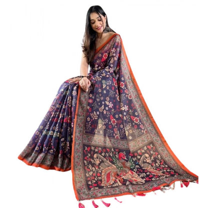 Generic Women's Linen Printed Saree With Unstitched Blouse 5.5Mtr (Blue)