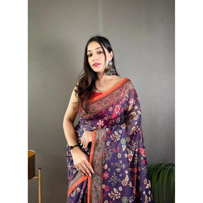 Generic Women's Linen Printed Saree With Unstitched Blouse 5.5Mtr (Blue)