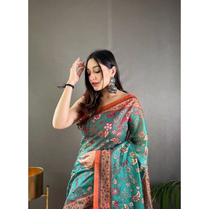 Generic Women's Linen Printed Saree With Unstitched Blouse 5.5Mtr (Olive)