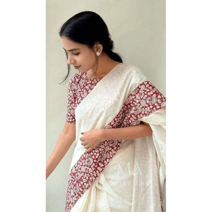 Generic Women's Linen Printed Saree With Unstitched Blouse 5.5Mtr (White)