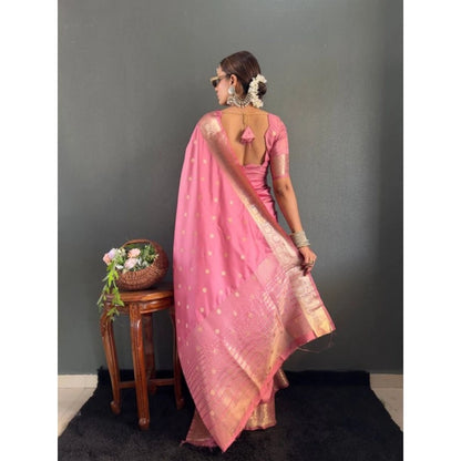 Generic Women's Satin Printed Saree With Unstitched Blouse 5.5Mtr (Pink)