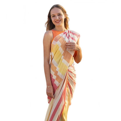 Generic Women's Linen Printed Saree With Unstitched Blouse 5.5Mtr (Yellow)