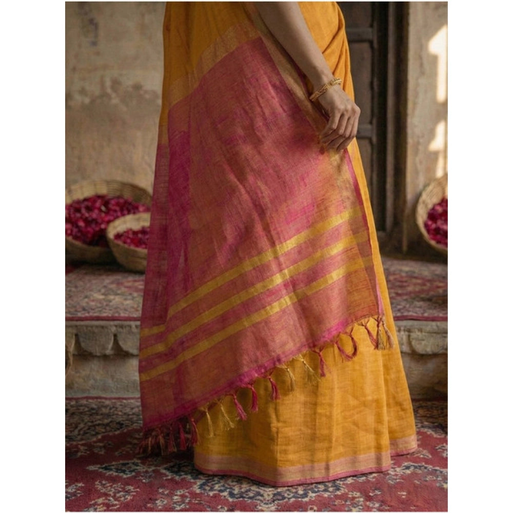 Generic Women's Cotton Printed Saree With Unstitched Blouse 5.5Mtr (Yellow)