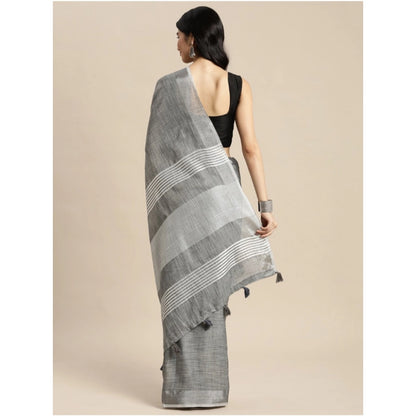 Generic Women's Linen Cotton Printed Saree With Unstitched Blouse 5.5Mtr (Dark Grey)