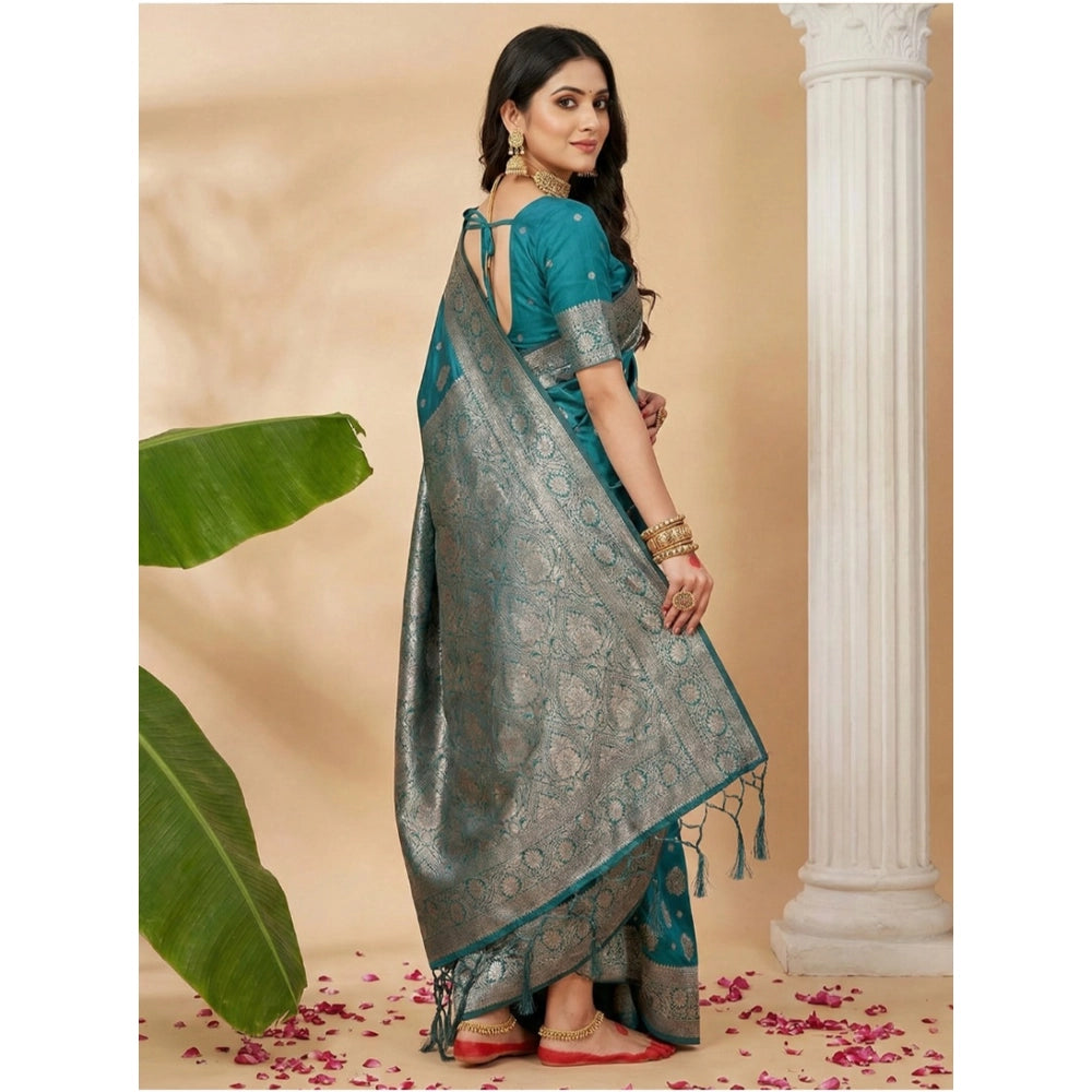 Generic Women's Silk Blend Printed Saree With Unstitched Blouse 5.5Mtr (Sea Green)