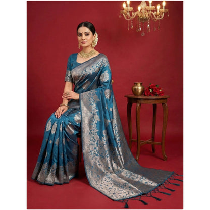 Generic Women's Silk Blend Printed Saree With Unstitched Blouse 5.5Mtr (Teal Blue)