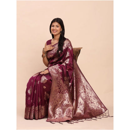 Generic Women's Banarasi Silk Printed Saree With Unstitched Blouse 5.5Mtr (Purple)