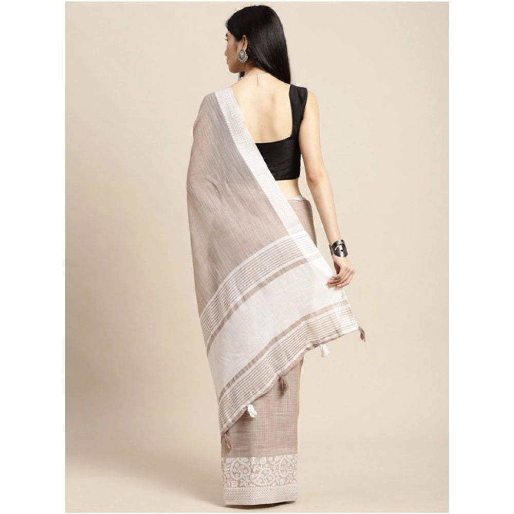 Generic Women's Linen Printed Saree With Unstitched Blouse 5.5Mtr (Beige)