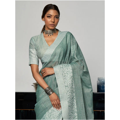 Generic Women's Linen Printed Saree With Unstitched Blouse 5.5Mtr (Sea Green)