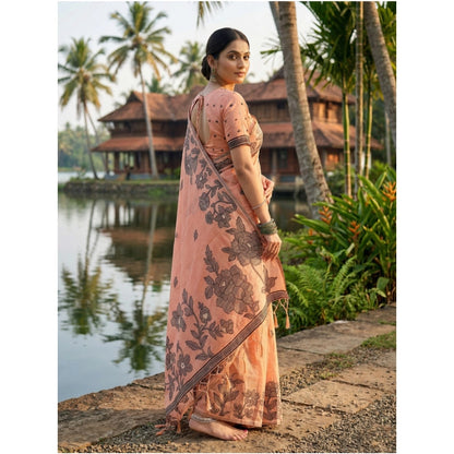 Generic Women's Linen Cotton Printed Saree With Unstitched Blouse 5.5Mtr (Orange)
