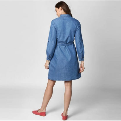 Generic Women's Denim Solid Roll Up Sleeve Dress (Blue)