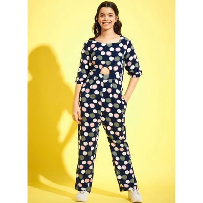 Generic Girl's Cotton Polka 3-4th Sleeve Jumpsuit (Multicolor)