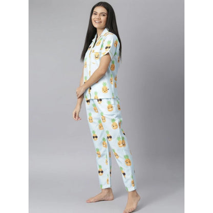 Generic Women's Cotton Blend Printed Short Sleeve Night Suit (Blue-Yellow)