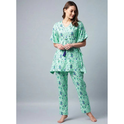 Generic Women's Rayon Floral Kaftan Sleeve Night Suit (Green - Blue)