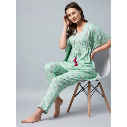 Generic Women's Rayon Floral Kaftan Sleeve Night Suit (Green - Pink)