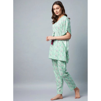 Generic Women's Rayon Floral Kaftan Sleeve Night Suit (Green - Pink)