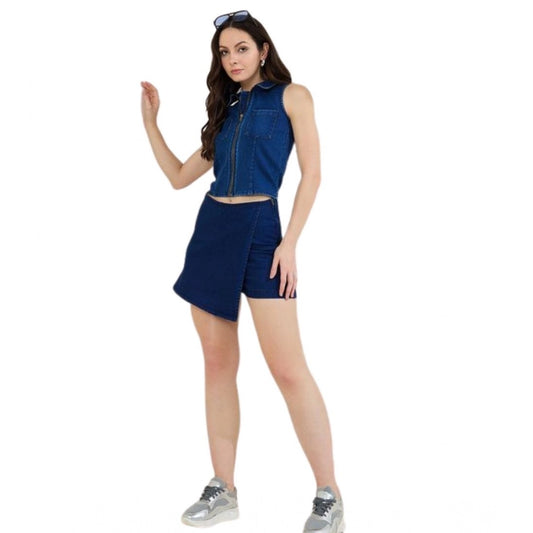 Generic Women's Denim Lycra Solid Sleeveless Top (Blue)