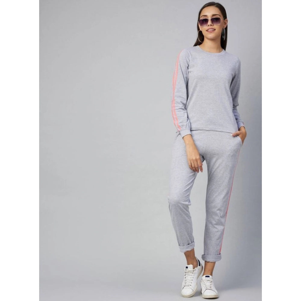 Generic Women's Cotton Solid Long Sleeves Tracksuit (Light Grey - Pink)