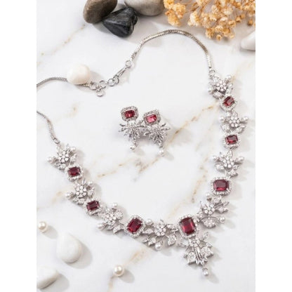 Generic Women's Brass Silver Plated Necklace set (Red)
