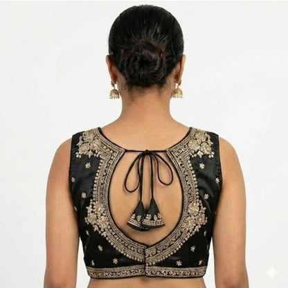 Generic Women's Silk Embroidered V-Neck Sleeveless Readymade Padded Blouse (Black, Size 38)