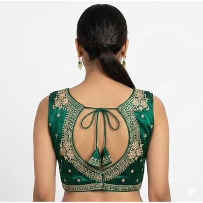 Generic Women's Silk Embroidered V-Neck Sleeveless Readymade Padded Blouse (Green, Size 38)