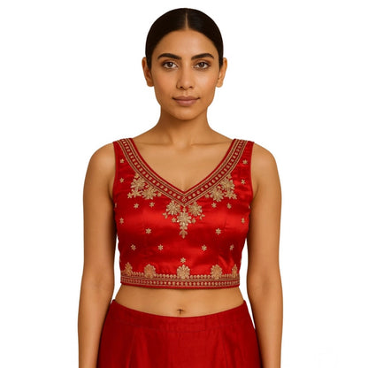 Generic Women's Silk Embroidered V-Neck Sleeveless Readymade Padded Blouse (Red, Size 38)