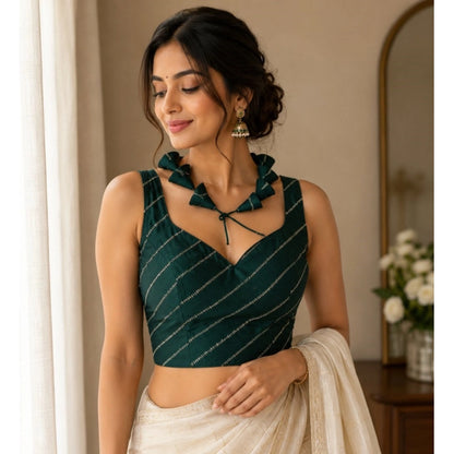 Generic Women's Silk Embellished Sweetheart Neck Sleeveless Readymade Padded Blouse (Green, Size 38)