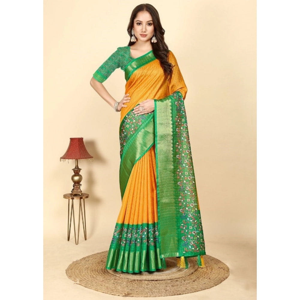 Generic Women's Cotton Silk Printed Saree With Unstitched Blouse 5.5Mtr (Yellow Green)