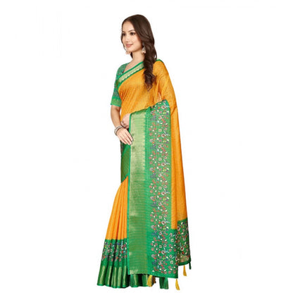 Generic Women's Cotton Silk Printed Saree With Unstitched Blouse 5.5Mtr (Yellow Green)