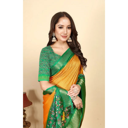 Generic Women's Cotton Silk Printed Saree With Unstitched Blouse 5.5Mtr (Yellow Green)