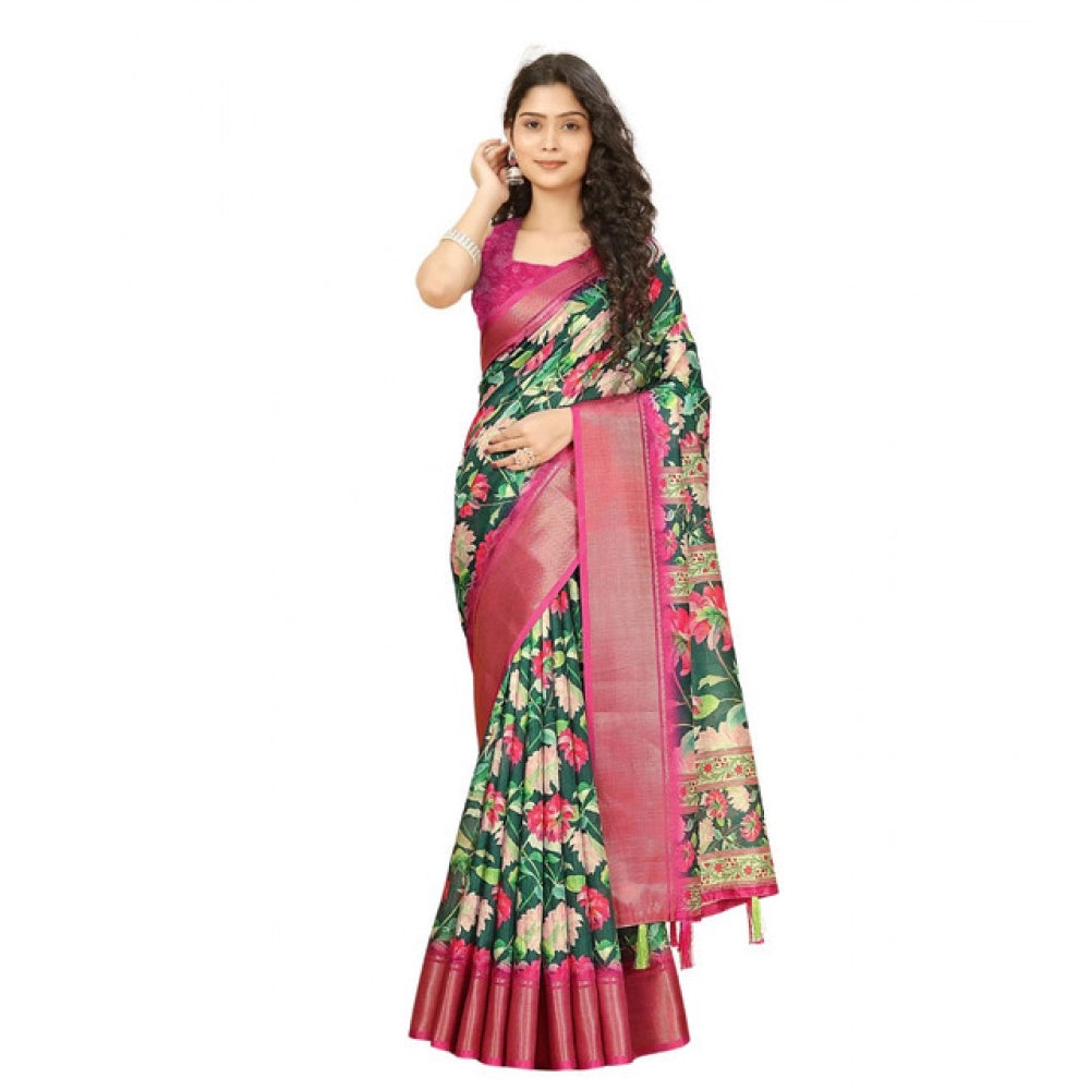 Generic Women's Cotton Silk Floral Printed Saree With Unstitched Blouse 5.5Mtr (Green)
