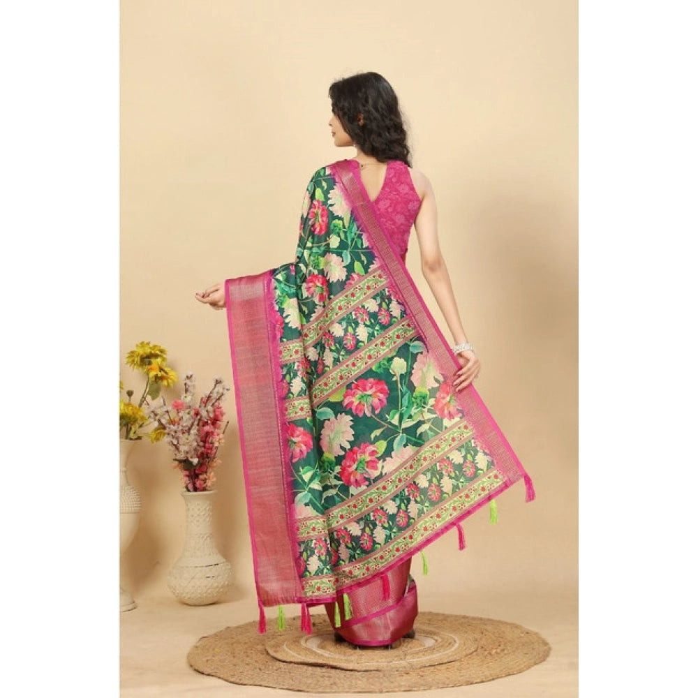Generic Women's Cotton Silk Floral Printed Saree With Unstitched Blouse 5.5Mtr (Green)