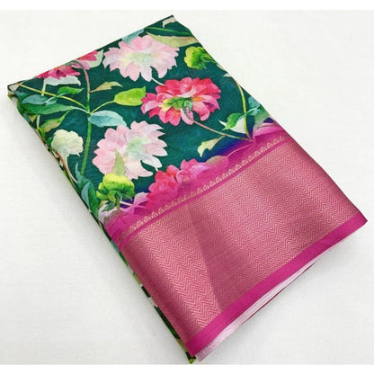 Generic Women's Cotton Silk Floral Printed Saree With Unstitched Blouse 5.5Mtr (Green)