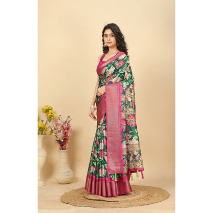 Generic Women's Cotton Silk Floral Printed Saree With Unstitched Blouse 5.5Mtr (Green)