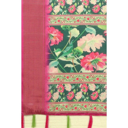 Generic Women's Cotton Silk Floral Printed Saree With Unstitched Blouse 5.5Mtr (Green)