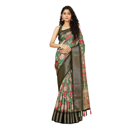 Generic Women's Cotton Silk Floral Printed Saree With Unstitched Blouse 5.5Mtr (Grey)