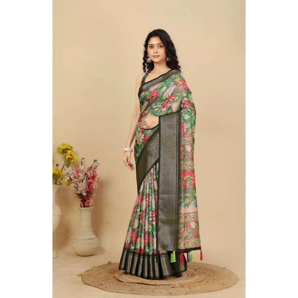 Generic Women's Cotton Silk Floral Printed Saree With Unstitched Blouse 5.5Mtr (Grey)