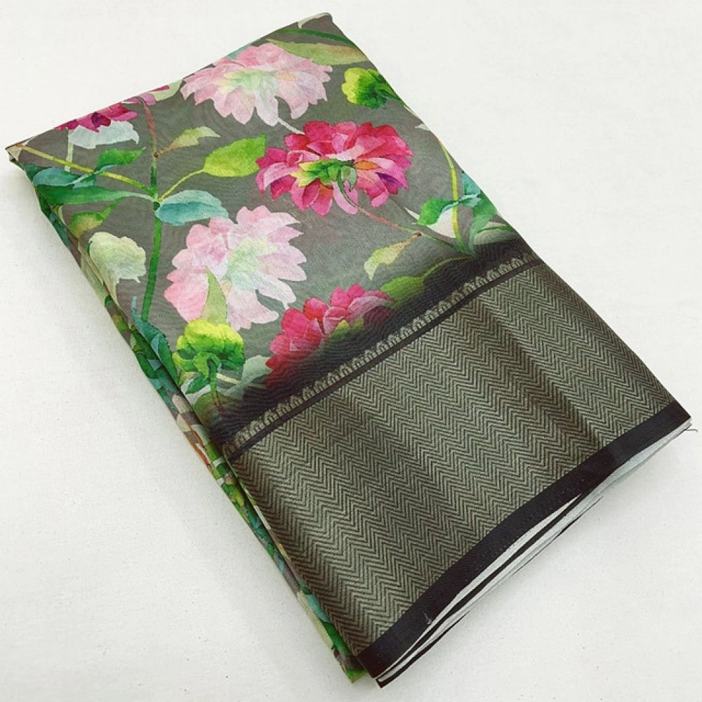 Generic Women's Cotton Silk Floral Printed Saree With Unstitched Blouse 5.5Mtr (Grey)